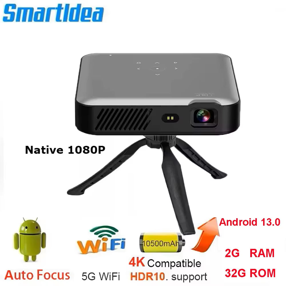 Full HD 1080P 4K Smart Projector with Auto Focus, Android 13, 5G WiFi, DLP Technology, 10500mAh Battery, Mobile Smartphone Compatible Beamer