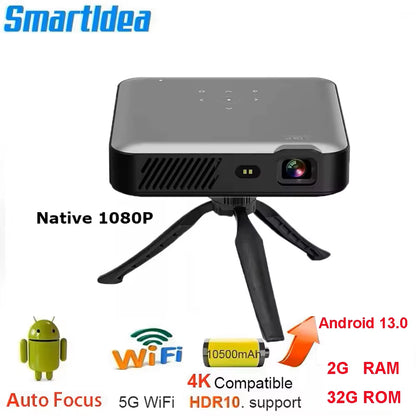 Full HD 1080P 4K Smart Projector with Auto Focus, Android 13, 5G WiFi, DLP Technology, 10500mAh Battery, Mobile Smartphone Compatible Beamer