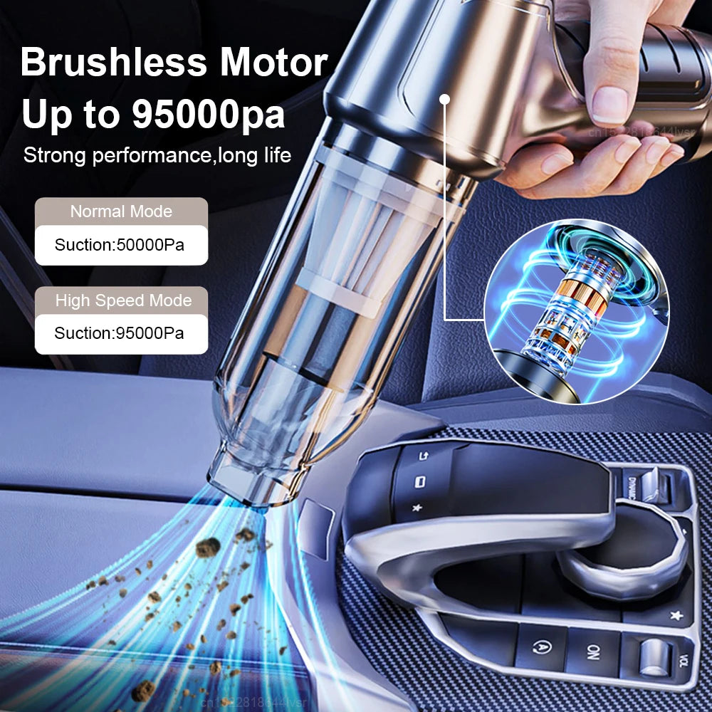 Portable Wireless Car Vacuum Cleaner with 95000PA Strong Suction - Handheld and Powerful Blower for Home and Vehicle Use